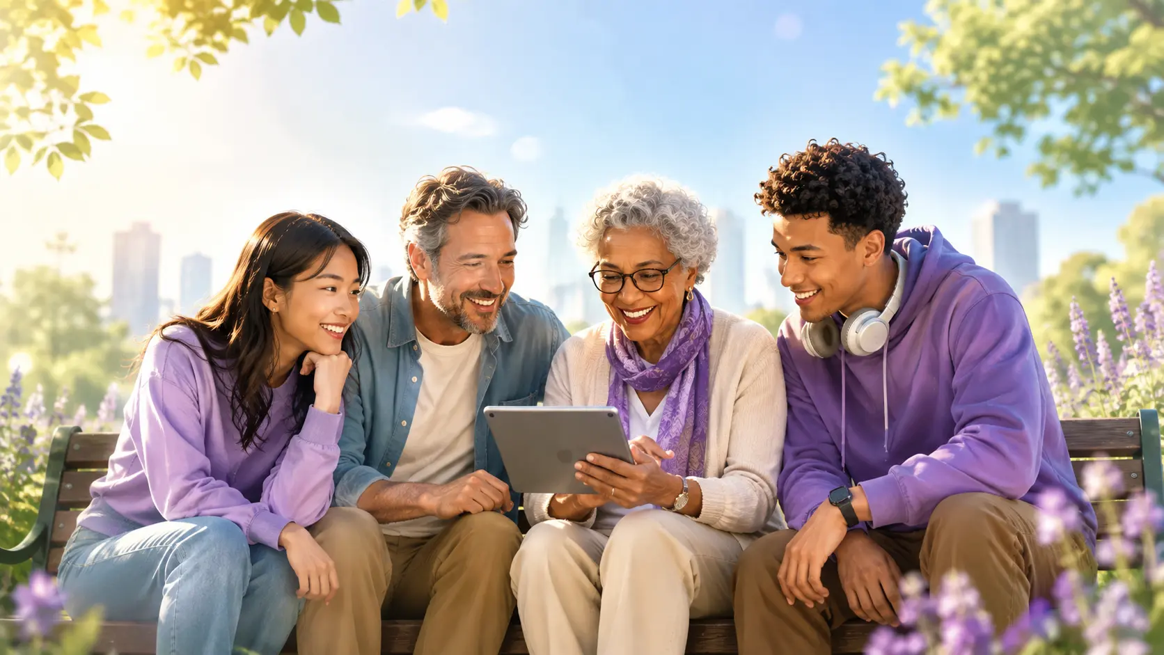 People from different generations learning together using a tablet